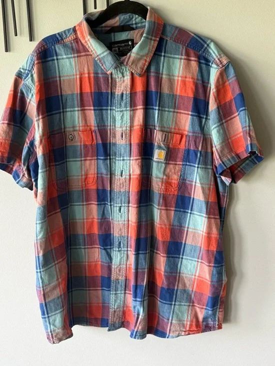 Carhartt Short-Sleeve Plaid Button-Down in Coral, Blue & Light Teal - Picture 2 of 4